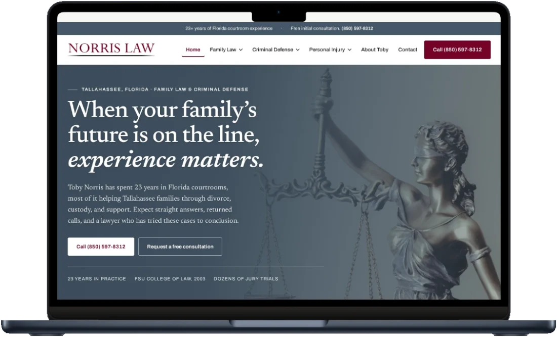 The Norris Law homepage on a laptop: a dark hero with the headline &ldquo;When your family&rsquo;s future is on the line, experience matters.&rdquo;