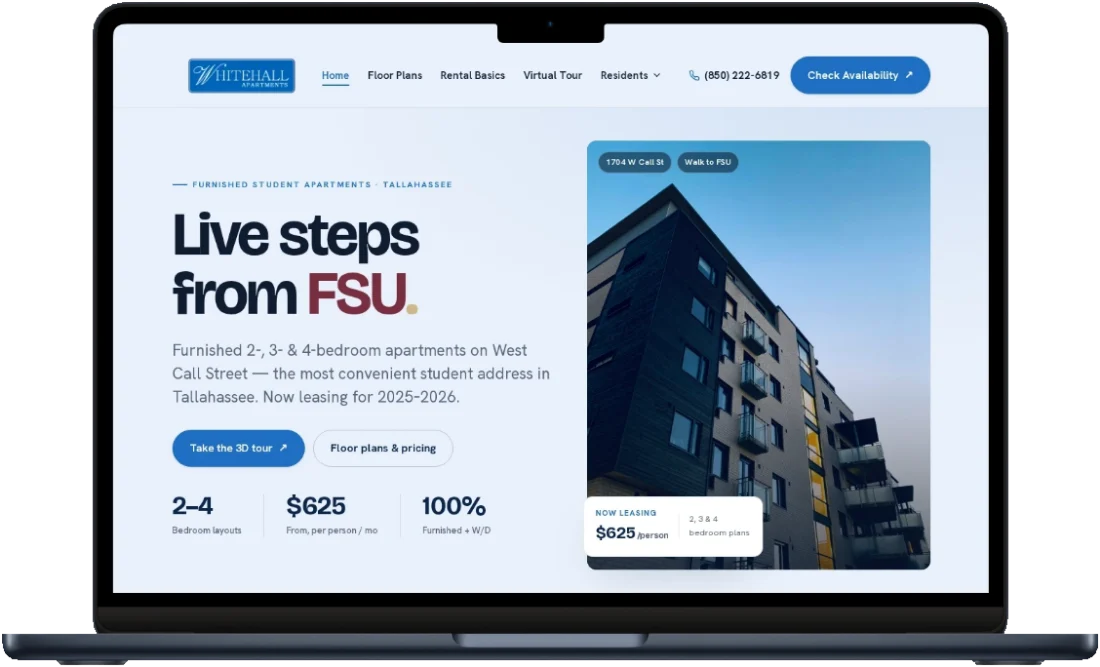 The Whitehall Student Apartments homepage on a laptop: the headline &ldquo;Live steps from FSU&rdquo; beside a photo of the building.